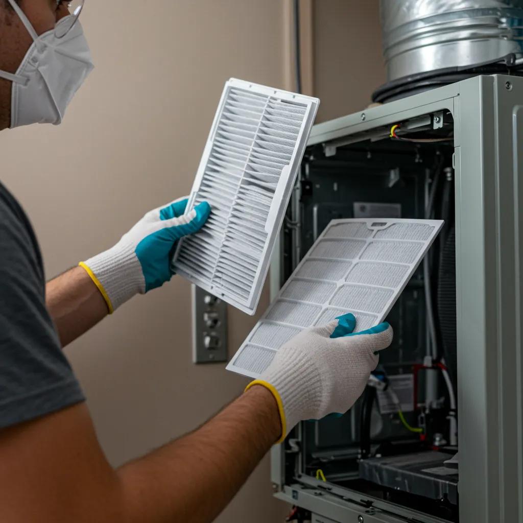 A friendly homeowner easily swapping out a furnace filter, highlighting how simple it is to maintain your heating system.