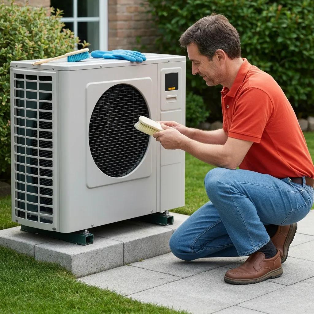 Homeowner servicing a heat pump outdoors with tools and a tidy yard