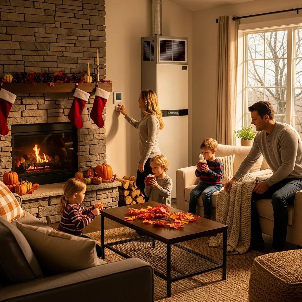 Family preparing home for winter with a focus on a modern HVAC system