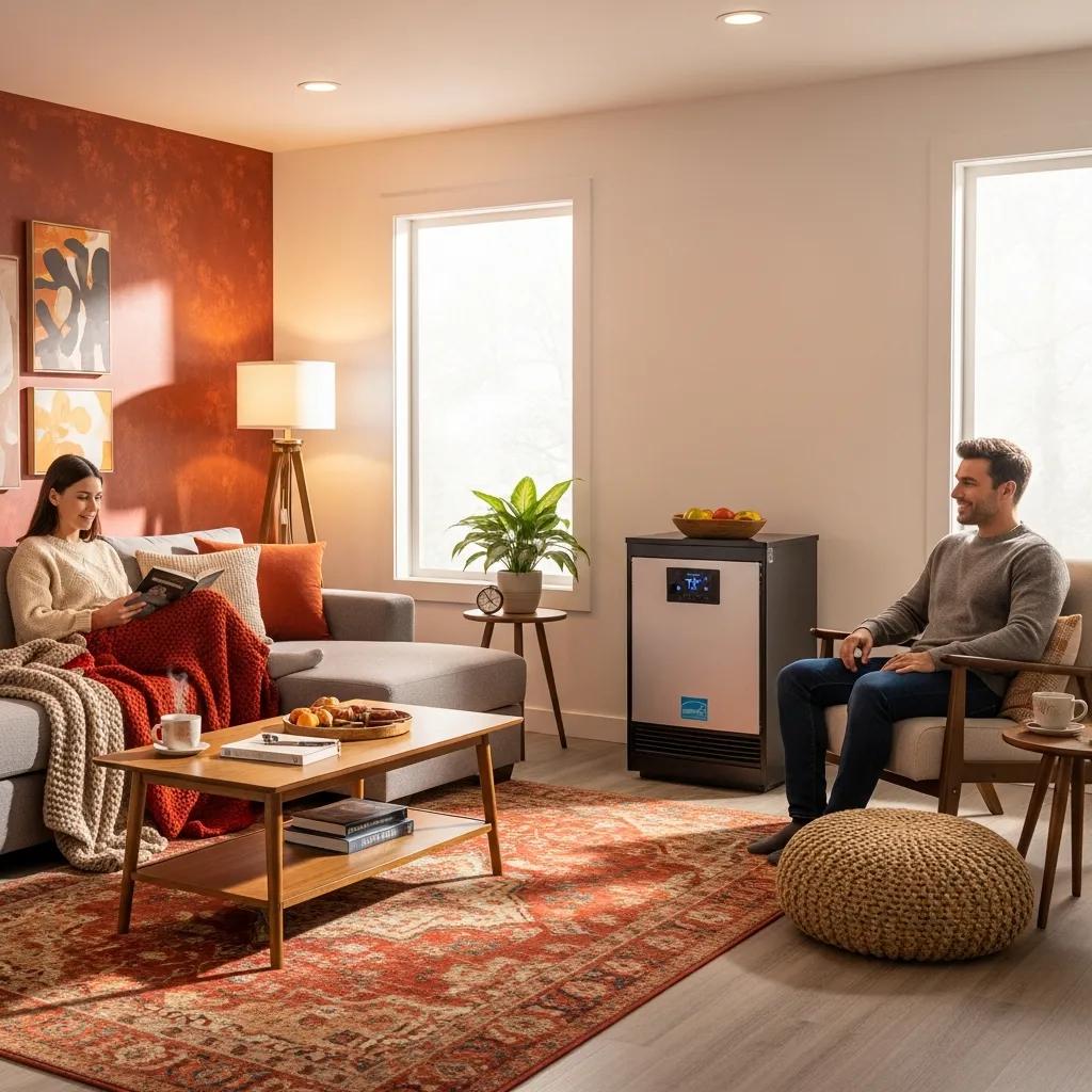 Modern furnace installation in a cozy living room emphasizing energy efficiency and comfort